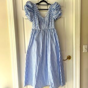 Puff sleeve, light blue gingham dress, taffeta fabric, lined